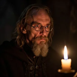skinny, cautious, paranoid! 7 0 years old alchemist ( ian mckellen with a long goatee and with scissor glasses ), looks around in a dark medieval inn. close up, ( ( dark shadows ) ), colorful, candle light!, law contrasts, fantasy concept art by jakub rozalski, jan matejko, and j. dickenson