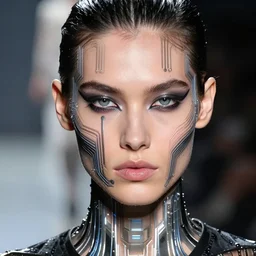 close up of face of a model walks down the runway at a fashion show, cyberpunk art by thierry mugler, trending on tumblr, retrofuturism, circuitry, futuristic, sci - fi