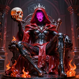 photo of fullbodied baroque and bladerunner delicate neon hellfire sculpture of seductive brimstone black albino marble prince nick jonas orange iridescent humanoid deity wearing red plastic hooded cloak holding an glass skull in a onyx alien dungeon, reclining, glowing magenta face, crown of white diamonds, cinematic lighting, photorealistic, octane render 8 k depth of field 3 d
