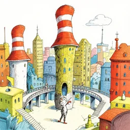 buildings, illustration by dr seuss, with towers, bridges, stairs