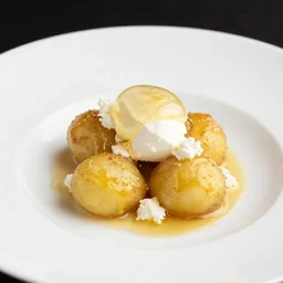 dslr photograph of a michelin starred restaurant dish of potatoes, goat cheese and honey foam, 4 0 mm f 2