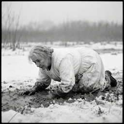 movie still by tarkovsky of a frozen elder woman in a dirty white dress crawling in a swamp with snow, cinestill 8 0 0 t 3 5 mm black and white, heavy grain, high quality, muddy, foggy