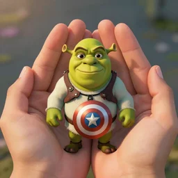 digital painting of tiny super cute Shrek as Captain America in palms of someone's hands, octane render, volumetric lightening, by marvel