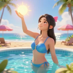 beautiful render pool party ahri catching the sun in hawaiian beach, ocean on the horizon, pretty face, coherent, 3d render, unreal engine 5, 4k, very detailed, volumetric lighting, instagram