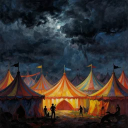 beautiful painting silhouette of colorfull evil circus tents, dark stormy dramatic sky, Moebius, frank frazetta, james gurney, thomas kinkade, rodney mathews, beeple, trending on artstation