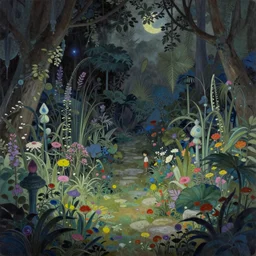 a gorgeous, fantastic, magic garden landscape by michael kidd, james gurney, trending on artstation, artgerm, ukiyo - e, acrylic on canvas, muted colors, darker,!! low contrast!!, chillwave