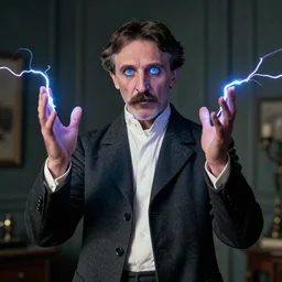 Nikola Tesla In an Electric room shocked to the eyes commanding electric current with his hands, award winning Hollywood movie