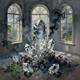 ashes crystal, fierce, scattered, black smoke, intricate, tall windows, cast shadows, impressionistic oil painting by alexi zaitsev, malcom liepke, ilya kuvshinov, melinda matyas, victo ngai, denis sarazhin. bold brush strokes, fractal leaves, masterpiece