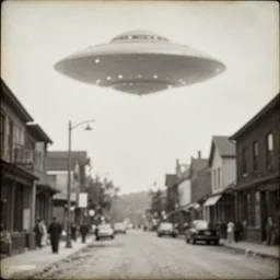 a 1800s photograph of a street scene depicting a blurry UFO in the sky