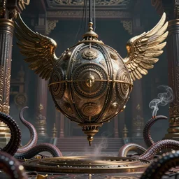 an immaculate render of a complex metallic sphere spawning cables and bird wings, floating in a temple surrounded by wild tentacles made from mandalas and incense smoke, full body, perfect face, powerful, cinematic, beautifully lit, by vitally bulgarov, by greg rutowski, by galan pang, 3 d, trending on artstation, octane render, 8 k