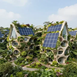 a photo of a house complex from the future, parametric architecture, blending with nature, renewable energy sources, preserving ecosystems, gardens, trending on flickr, organic structure and ernst haeckel