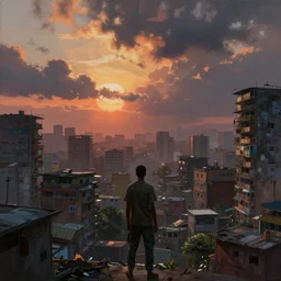 Ian McQue Lee painting of a cyberpunk African favela, hazy sunset with dramatic clouds, asymmetrical, trending on Artstation, High quality image