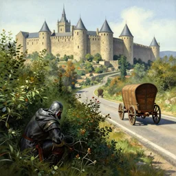 medieval thief hiding in the bushes close to a road near city of carcassonne, there are is a wagon on a road by stanley artgerm lau, wlop, rossdraws, frank frazetta, andrei riabovitchev, marc simonetti, tranding on artstation