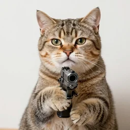 “A cat, holding a gun in its paws”