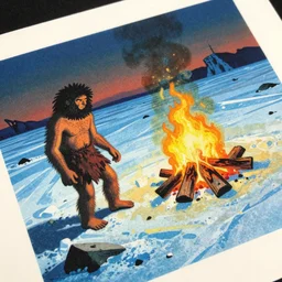 close - up of grainy risograph, painting of a prehistoric caveman, icescape, fire hearth, desolation, vivid colors, by moebius and lehr paul and kim jung gi