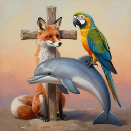 painting of cross between fox & parrot & dolphin, intercrossed animal, by zdzislaw beksinski, by tiffany bozic, logical anatomy, cold hue's, warm tone gradient background, concept art, medium shot, beautiful composition, digital painting,