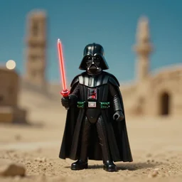 miniature of darth vader in mos eisley, cinestill 8 0 0 t, 8 5 mm f / 1. 8, bokeh, cinematic