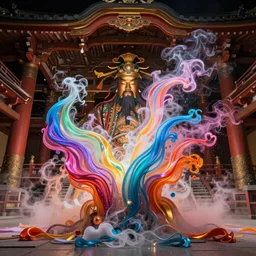 burst powders ,volumetric lighting, twisting vapour ,flowing shimmering brilliant colourful fabrics, emerging sounds and an ancient male bearded face , inside a huge traditional Japanese Royal ornate temple , full colour , upscale , 4k