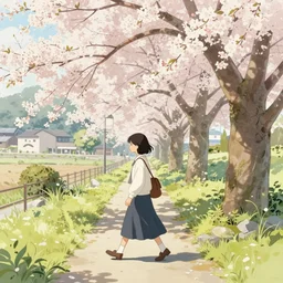 i walk in tachikawa - shi, tokyo. volumetric lighting, spring, nice weather, realistic illustration, perfectly shaded, soft painting, art by moebius