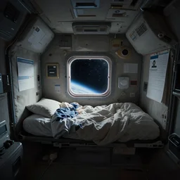 interior view of a spacepod bed, small window to see space, messy blankets and calendar on wall, wide angle, dim lighting, muted colors, by greg rutkowski makoto shinkai takashi takeuchi
