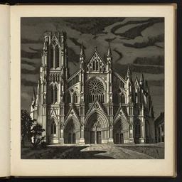 scan of book with wood engravings of a large cathedral in the night, scary dark, dark ink, old paper