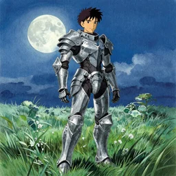 warframe standing in a field of grass at night, nighttime, moonlight, blue sky, finely illustrated, highly detailed, colored pencil, studio ghibli, watercolor, anime, animation, william - adolphe bouguereau, john singer sargent, 8 k, segmented armor, segmented organic armor,