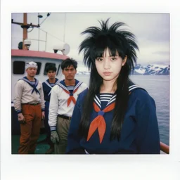 black - haired girl with wild spiky black saiyan hair with long bangs over her eyes, standing next to salty sailor men, wearing casual clothing, standing on an alaskan fishing vessel, mekoryuk, alaska, 1 9 6 5, polaroid, kodachrome, grainy photograph