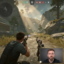Stewart Lee playing Counter Strike, gameplay footage with facecam in the bottom right