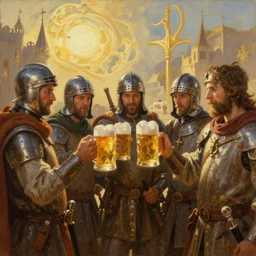 an epic painting of the crusaders order of beer lovers, holding mugs of beer in their hands, oil on canvas, golden hour, perfect composition, golden ratio, beautiful detailed, photorealistic, digital painting, artstation, concept art, smooth, sharp focus, illustration, fantasy background, artstation trending, octane render, unreal engine