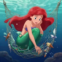 disney poster of the little mermaid ariel trapped in a fishing net, trawl, bycatch, distressed, sad, 4 k, artstation