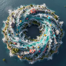 hyper - realistic rendering of a turbulent flow over an island, complex vortex loop, vaporwave synth colors, highly detailed intermittent structures, artstation, natural lighting, 8 k, 1 6 k