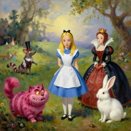 beautiful landscape oil matte painting + alice in wonderland + the cheshire cat + the queen of hearts + the white rabbit : : art by anders zorn, wonderful masterpiece by greg rutkowski, beautiful cinematic light, thomas lawrence, greg rutkowski