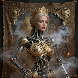 a beautiful woman is being transformed into a cyborg by nanites, photorealistic, magical, enchanted, intricate detail, elaborate machinery, clockwork, torn tapestry, swirling smoke, ember particles, regal design, royal relief