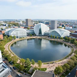 ecological manchester city with huge lake with crowded paths around it, white glass domes near it, hyperdetailed, artstation, cgsociety, 8 k