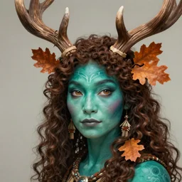 beautiful digital painting of shaman with teal skin and antlers made of wood on his head, brown curly hair with orange oak leaves,  D&D, fantasy, intricate, beautiful eyes, cinematic lighting, highly detailed, digital painting, Artstation, concept art, smooth, sharp focus, illustration, art by Artgerm and Greg Rutkowski, Alphonse Mucha and Rossdraws