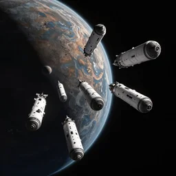 cylindrical spaceships in formation above 2 giant balls in space
