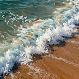 an overhead view of a wave crashing onto a beach, vibrant colors, digital art