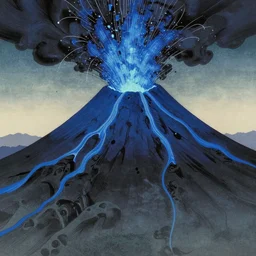 a volcano erupting blue lava, ukiyo - e art