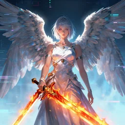 portrait of angel with a fire sword, cyberpunk, glitchcore, synthwave art, detailed, masterpiece, trending on artstation, featured on pixiv, hd, 4 k, 8 k