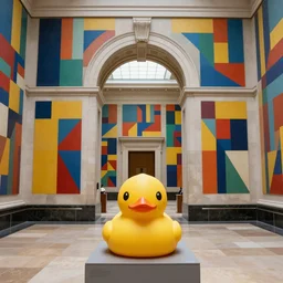 wide shot, one photorealistic rubber duck in foreground on a pedestal in an museum gallery, british museum, the walls are covered with colorful geometric wall paintings in the style of sol lewitt, tall arched stone doorways, through the doorways are more wall paintings in the style of sol lewitt.