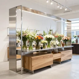 flower retail shop made of stainless steel and wood designed by dieter rams