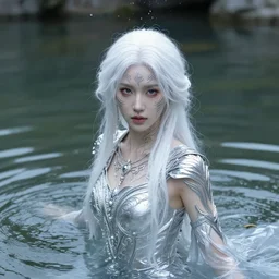 woman with white hair and face tattoos dressed in intricate silver clothing surrounded by water particles above a serene pond, beautiful face, fantasy concept art by j. dickenson