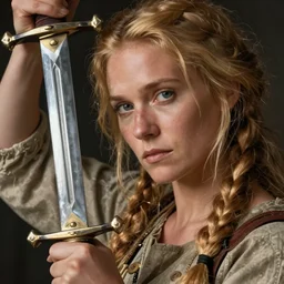 a rustic woman forging a sword, detailed face, blonde, by greg rutkowski, mandy jurgens