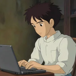 guy with long black hair using a laptop, tan skin, looking down, art by hayao miyazaki, studio ghibli film, cinematic