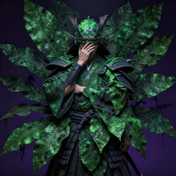an introvert samurai numbed in a highly detailed over dimensional green leaves that are not from this world decaying with black vaines, dark fantasy, photorealism, unreal engine, purple hue