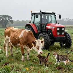 cow, cats and a farmer, 1 9 7 0, rain, tractor, working outside, farmlife, countryside, realistic, high definition