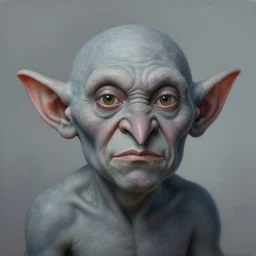Beautiful hyperrealistic detailed matte portrait painting of a grey goblin with wide head and a triangular upwards pointing nose, by andreas rocha and john howe, and Martin Johnson Heade, featured on artstation, featured on behance, golden ratio, f32, well composed, cohesive