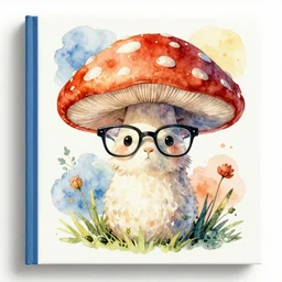 A watercolor art of animal in shape of mushroom with glasses, illustration by Taida Balčiūnienė, book cover, colorful background, 4k resolution, hugh detailed, matte painting