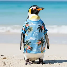 penguin on beach wearing hawaiian t - shirt, cool color palette
