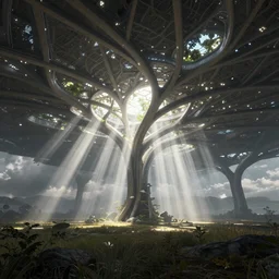 futuristic branching and vaulted canopy structure stretching out across the countryside, beautiful dynamic lighting, cinematic, wide angle establishing shot, extremely high detail, photo realistic, cinematic lighting, post processed, concept art, artstation, matte painting, style by eddie mendoza, raphael lacoste, alex ross, volumetric lighting, light rays, photorealistic, ultrarealistic, moody, coronarender, 8k